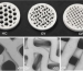 (C) Macro images of 3D-printed β-TCP scaffolds sourced from Ossiform in honeycomb (HC), gyroid (GY), and grid (GR) configurations, respectively. (D) SEM micrographs showing characteristic fiber/pore architectures across scaffold types under 50× magnification.